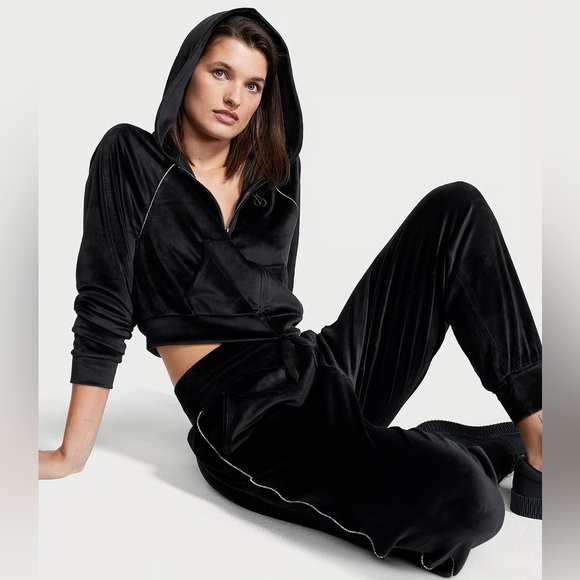 Victoria’s Secret Velour Tracksuit Jogger Full Zip Hoodie Set Black Small Medium - Picture 1 of 16